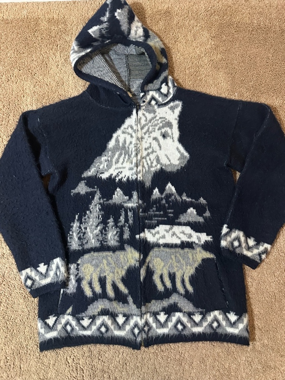Vintage Mens Full Zip Wolf Nature Wool Hooded Sweater Blue Read